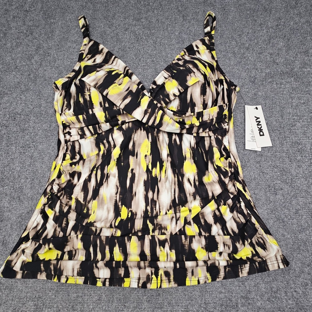 DKNY Tankini Swim Top UPF 40+ Womens XXL Black Yellow Abstract Tummy Control
